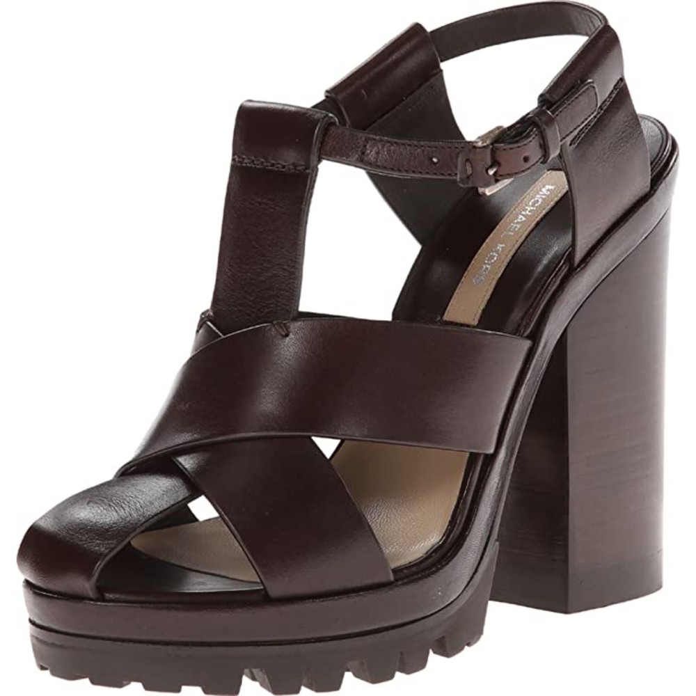Michael Kors Dark Brown Leather Platform Block Heel Sandals